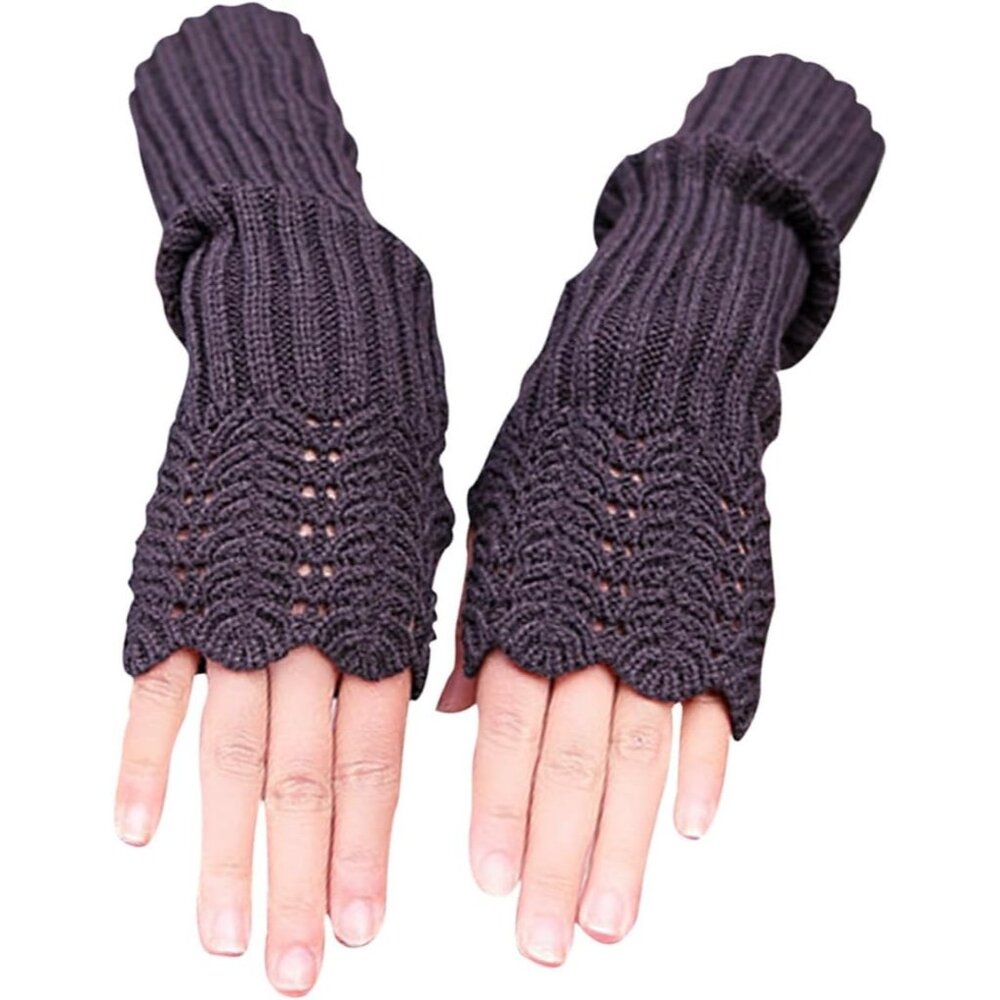Women's Half Finger Dark Gray Fingerless Knit Arm Warmers Stretchy Long Gloves